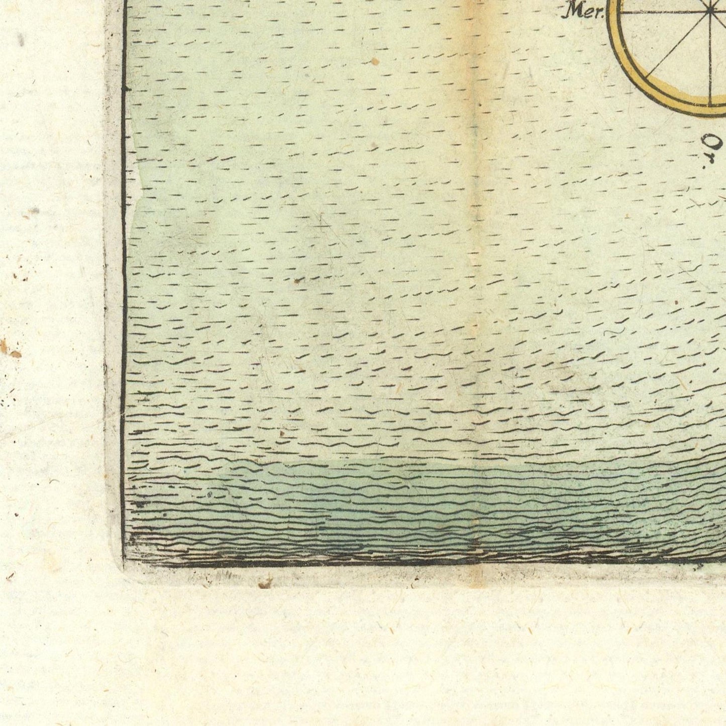 Close-up detail of an antique map or print showing a shoreline with fine wave lines, a compass quadrant in the upper right, and aged off-white paper.