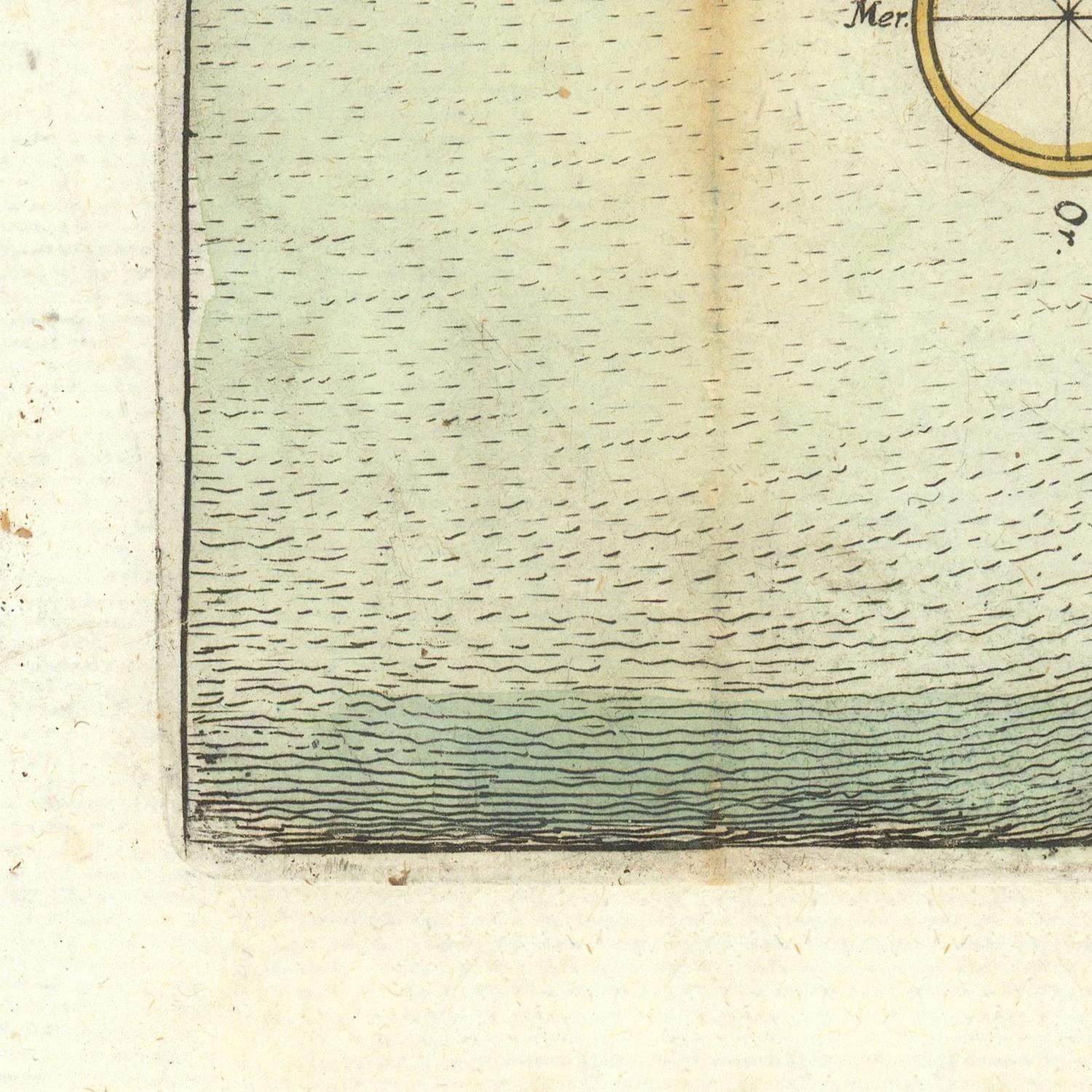 Close-up detail of an antique map or print showing a shoreline with fine wave lines, a compass quadrant in the upper right, and aged off-white paper.