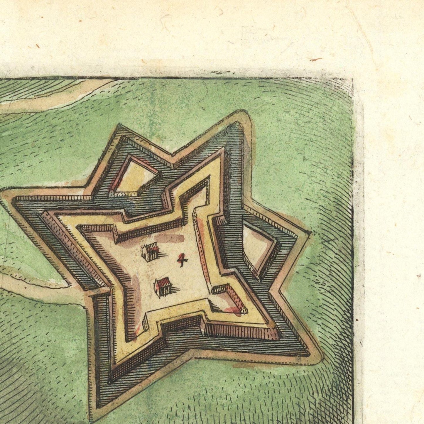 A vintage-style illustration of a star-shaped fort or bastion with layered bastion walls, rendered in muted green, beige, brown, and gray tones on aged paper.