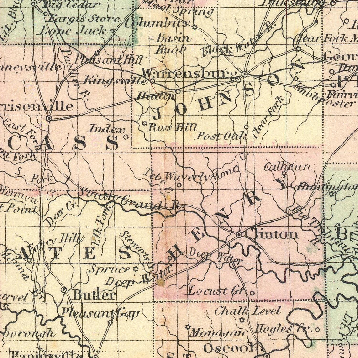 A close-up of a vintage map showing parts of Massachusetts and Rhode Island, including towns like Warrensbury, Johnston, and Easton, with labeled counties and roads on a pale cream background.