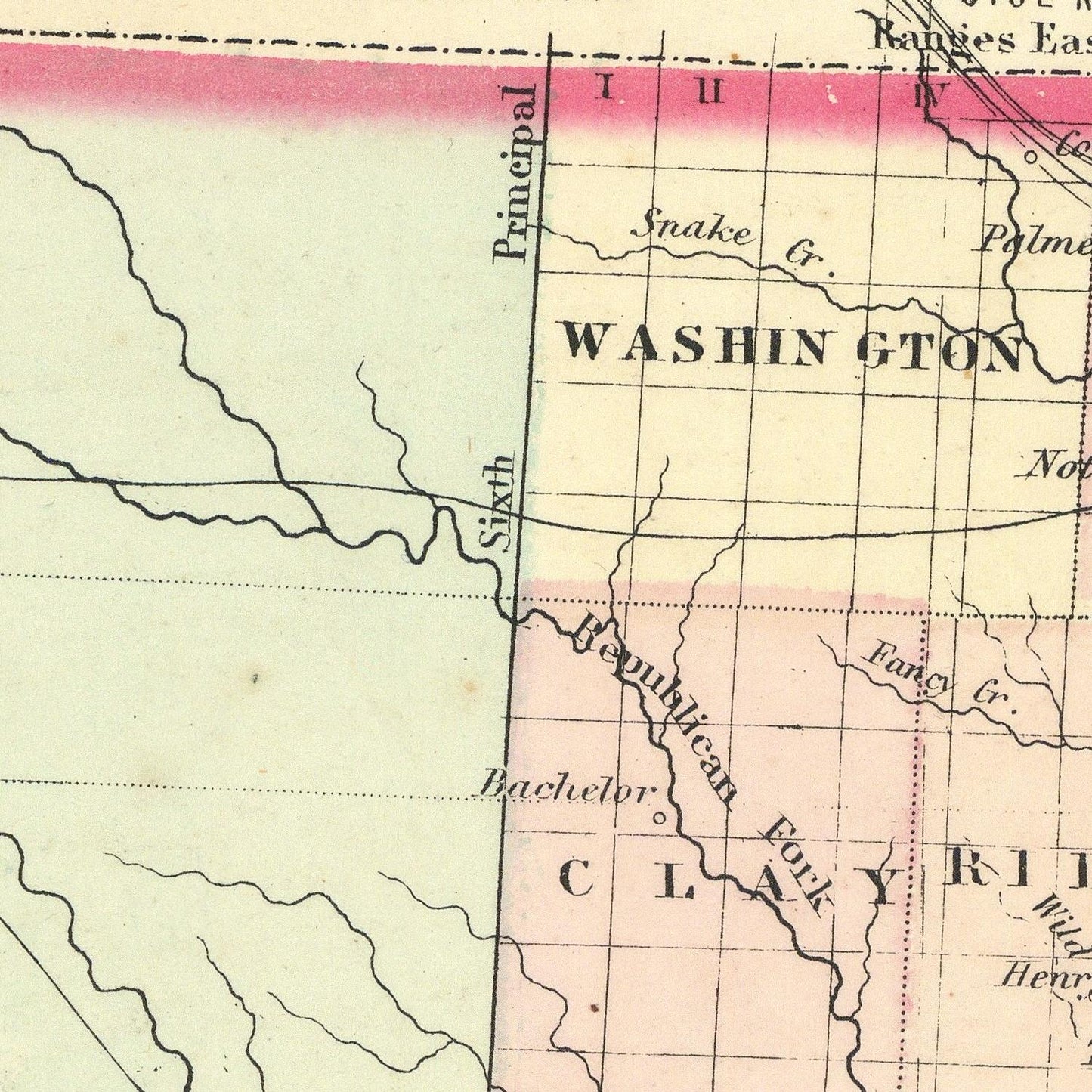 A close-up of a vintage map showing part of Washington Territory, with labeled sections including Washington, California, and Indian Territory, along with grid lines, rivers, and pale pink and cream coloring.