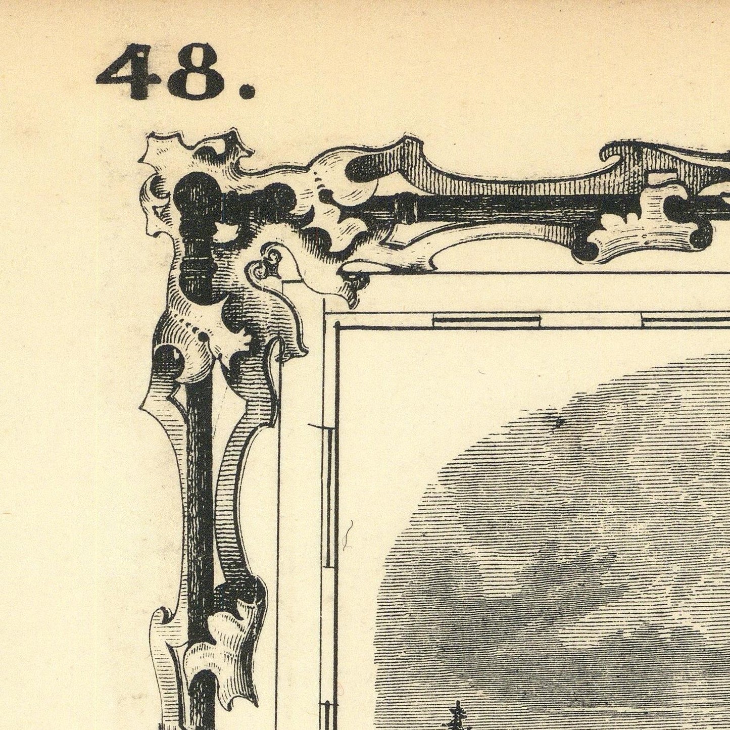 Close-up of an ornate black-and-white decorative frame corner with the number 48 printed above it on a warm beige background.