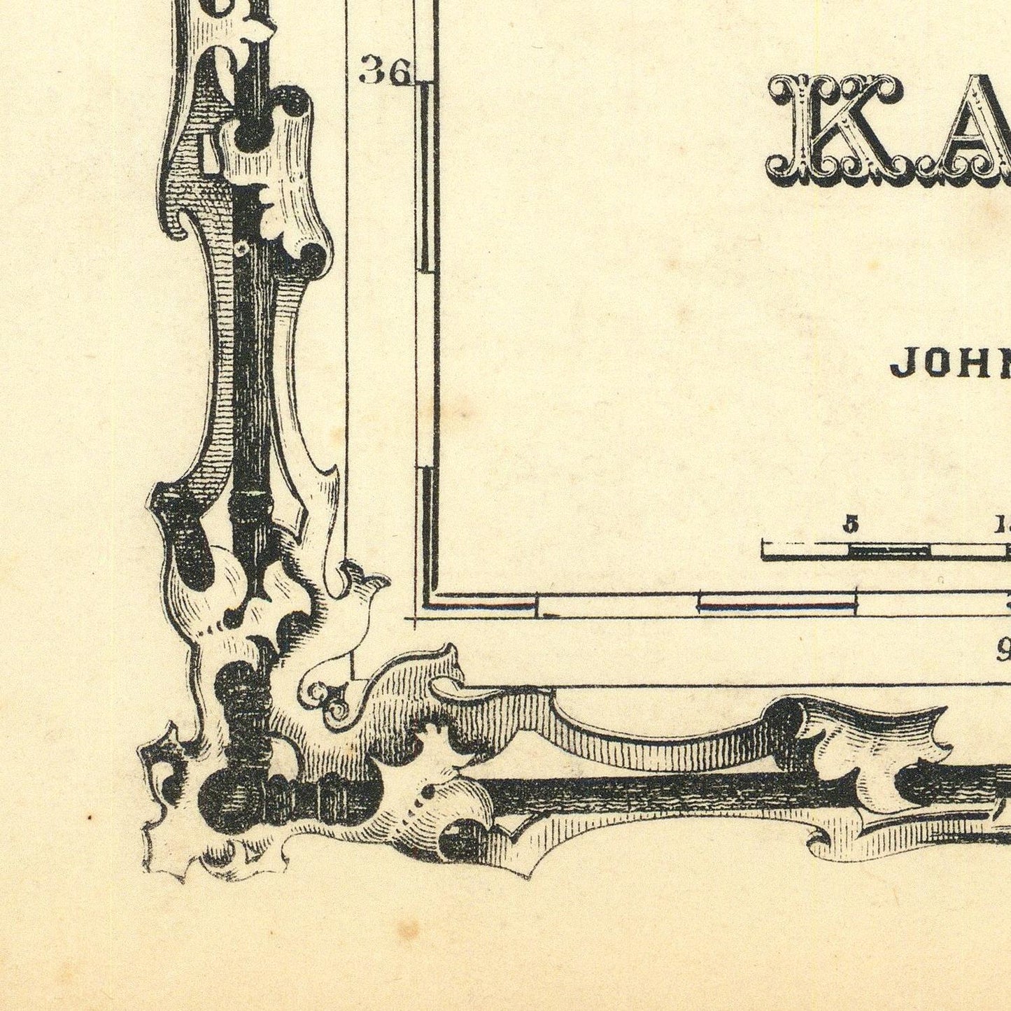 Close-up of an ornate vintage black ink architectural or decorative corner illustration on aged cream paper, showing part of a framed or printed design with partial text and measurement markings.
