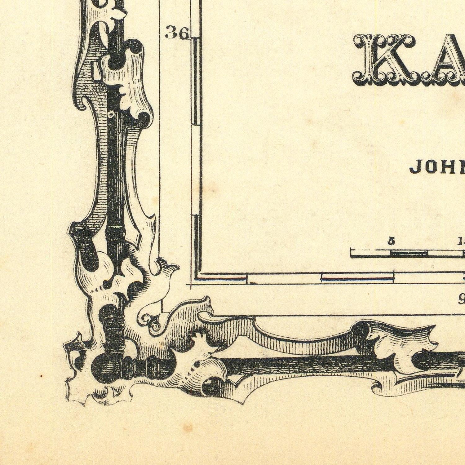 Close-up of an ornate vintage black ink architectural or decorative corner illustration on aged cream paper, showing part of a framed or printed design with partial text and measurement markings.