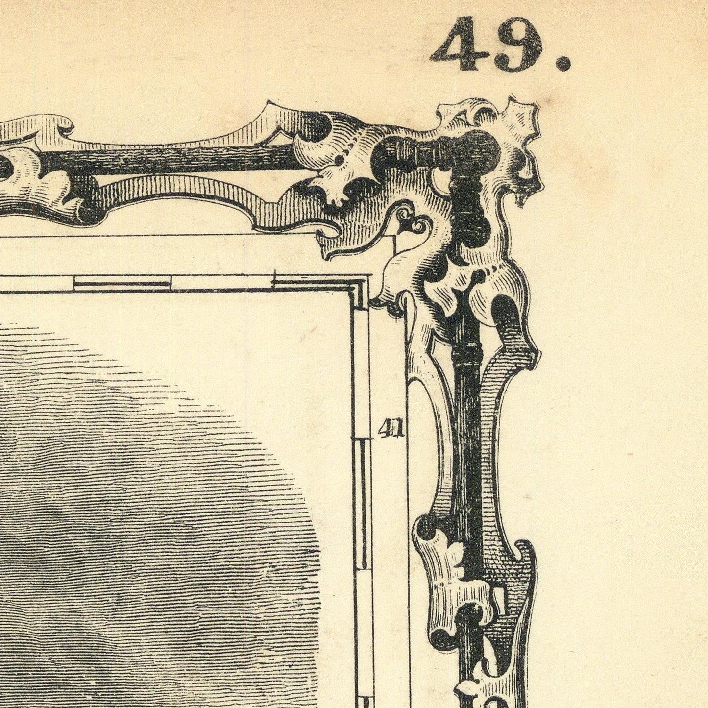 A close-up vintage-style illustration showing the ornate corner of a framed print or mirror with decorative scrollwork and the number 49 printed near the top and side.