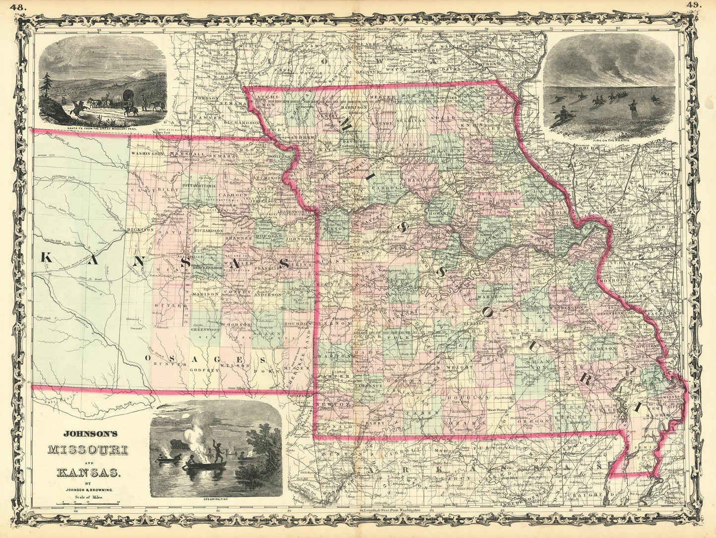 An antique-style map of Missouri and Kansas, titled 'Johnson's Missouri Kansas', featuring a decorative border, pink state outlines, and three black-and-white historical illustrations in the corners.