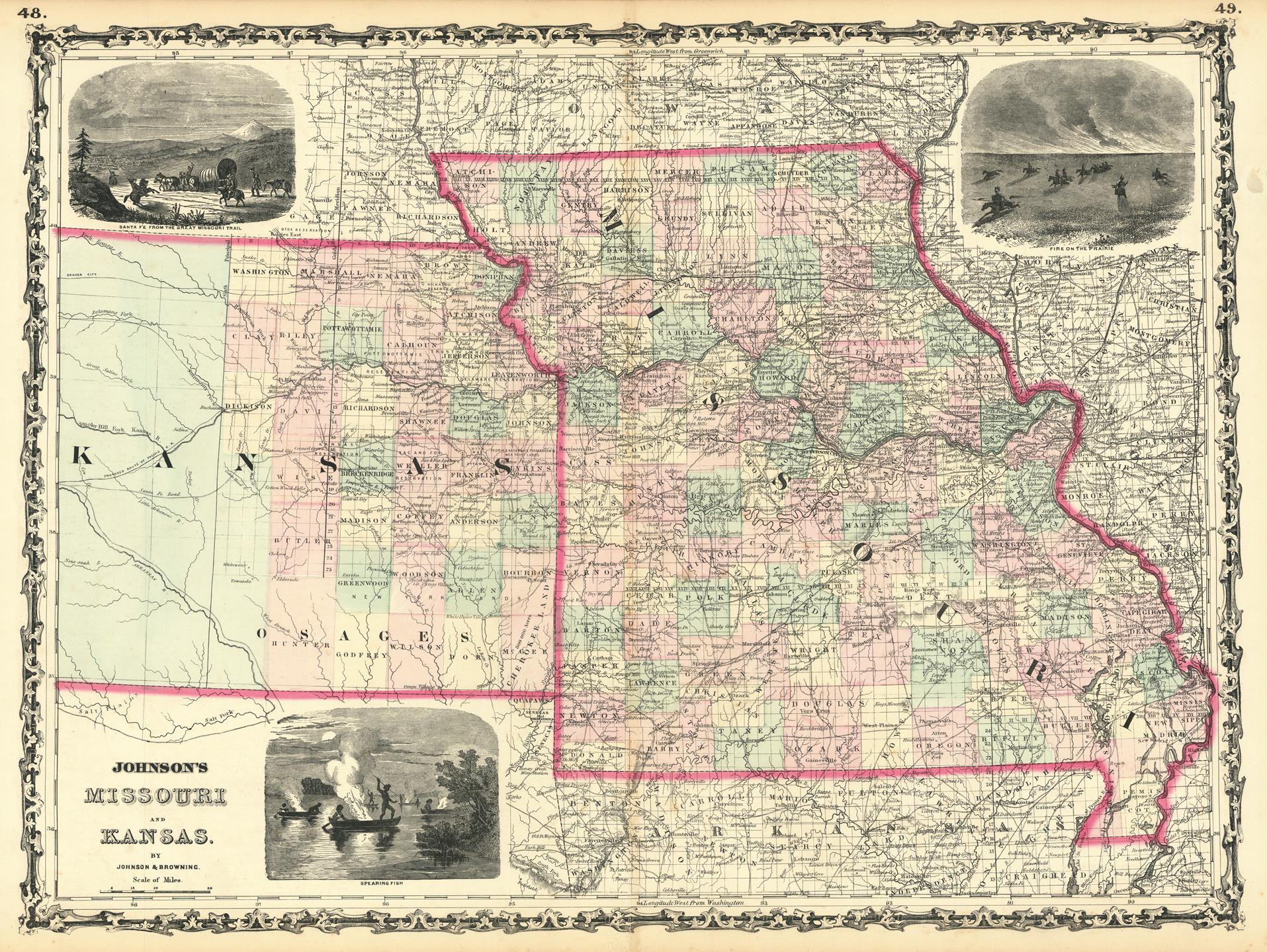 An antique-style map of Missouri and Kansas, titled 'Johnson's Missouri Kansas', featuring a decorative border, pink state outlines, and three black-and-white historical illustrations in the corners.