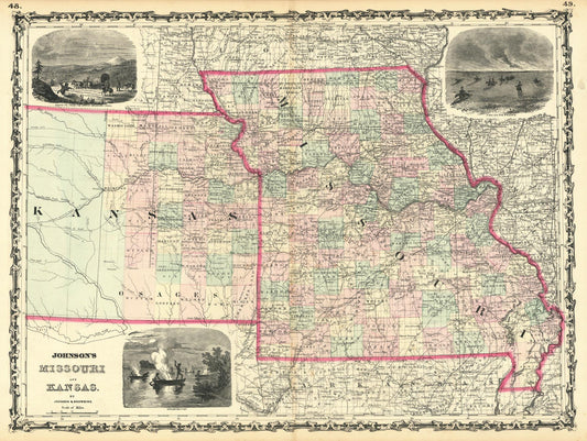 An antique-style map of Missouri and Kansas, titled 'Johnson's Missouri Kansas', featuring a decorative border, pink state outlines, and three black-and-white historical illustrations in the corners.