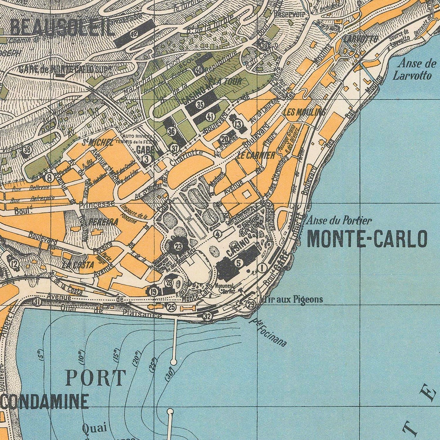 Vintage-style map print showing a coastal city layout with labeled streets, buildings, and landmarks including Monte-Carlo and Port. The map uses beige, orange, green, and light blue tones.