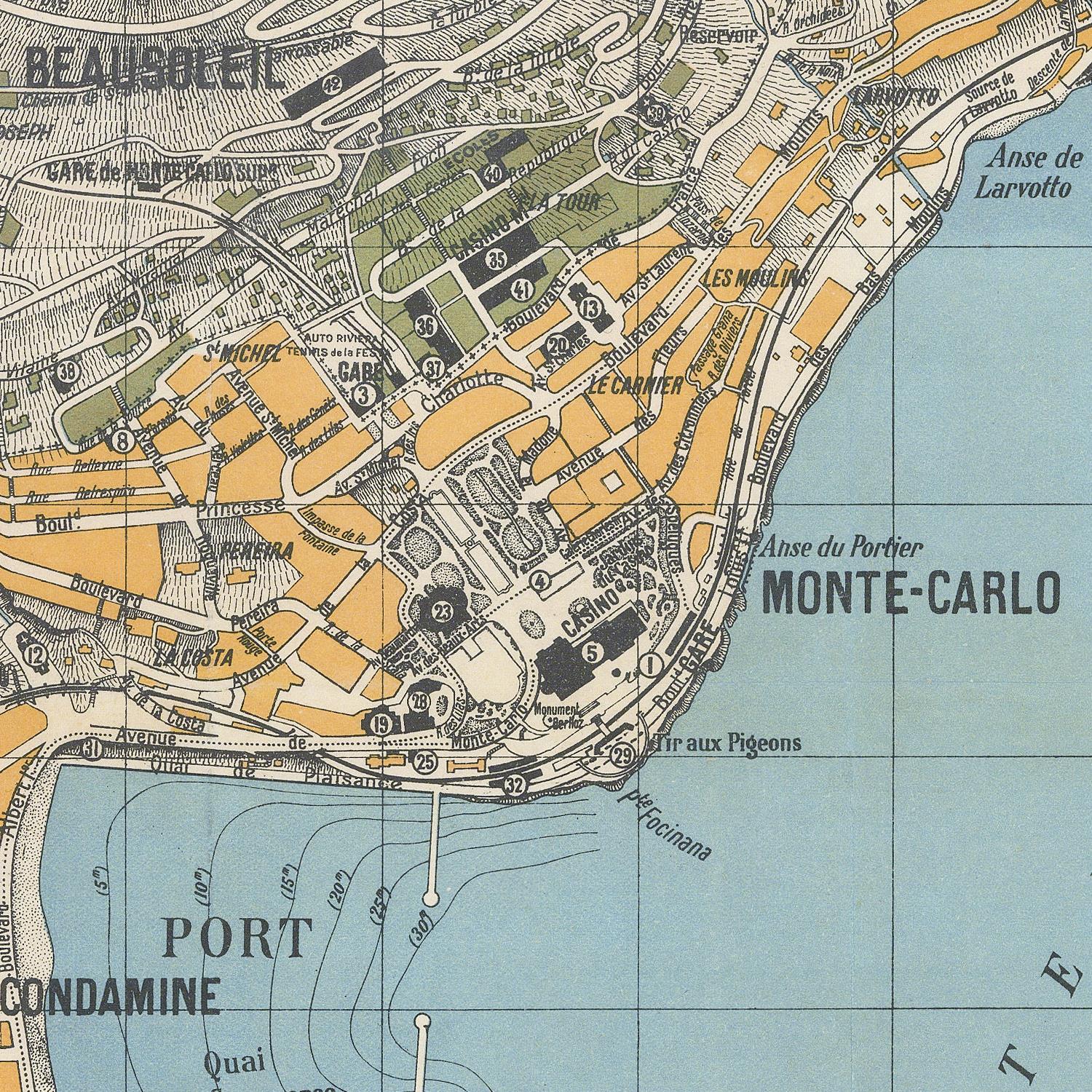 Vintage-style map print showing a coastal city layout with labeled streets, buildings, and landmarks including Monte-Carlo and Port. The map uses beige, orange, green, and light blue tones.