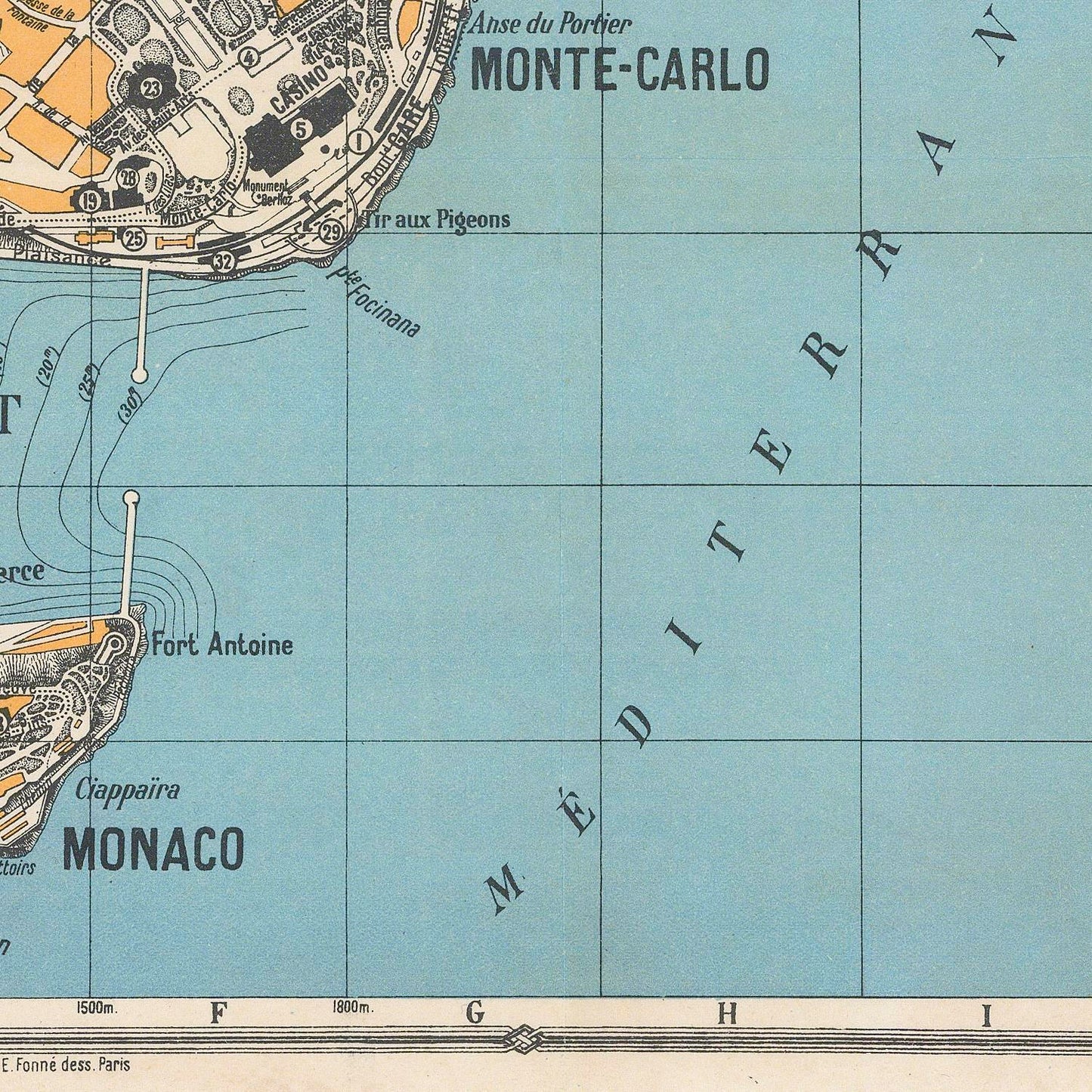 Vintage-style map print showing Monaco and the surrounding Mediterranean Sea, with labeled places such as Monte-Carlo, Fort Antoine, and Ghappaia, plus contour lines and grid markings.