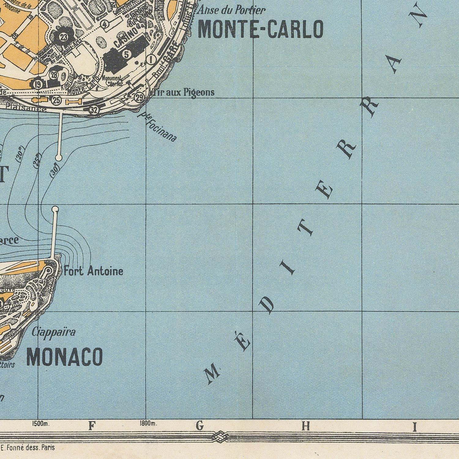Vintage-style map print showing Monaco and the surrounding Mediterranean Sea, with labeled places such as Monte-Carlo, Fort Antoine, and Ghappaia, plus contour lines and grid markings.