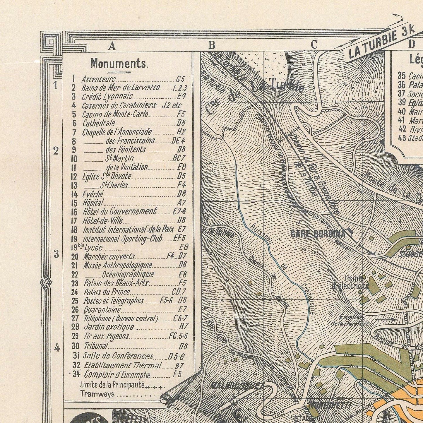 A vintage-style printed map showing labeled landmarks, roads, and coastal features, with a left-side monument list and a right-side legend. The map includes French place names such as Gare de Bordeaux, La Turbie, and Assainissement.