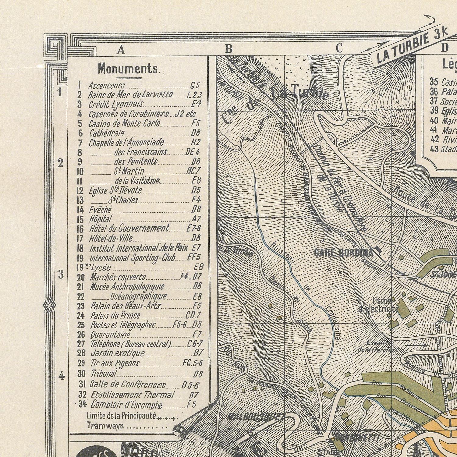 A vintage-style printed map showing labeled landmarks, roads, and coastal features, with a left-side monument list and a right-side legend. The map includes French place names such as Gare de Bordeaux, La Turbie, and Assainissement.