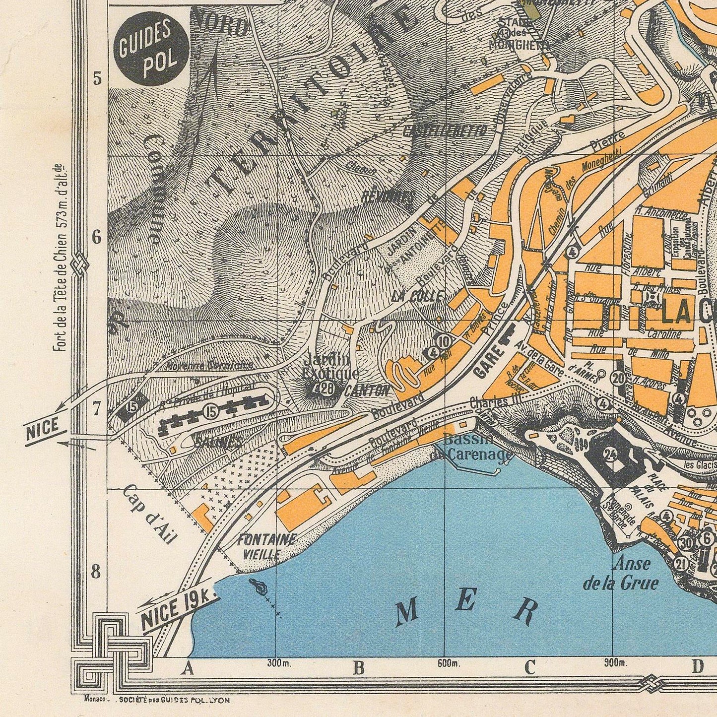 Vintage-style map print showing a coastal region with labeled streets, landmarks, and a large blue sea area. The map uses black linework and text with orange highlighted areas, and the frame is filled by the printed map rather than a separate product placed in a scene.