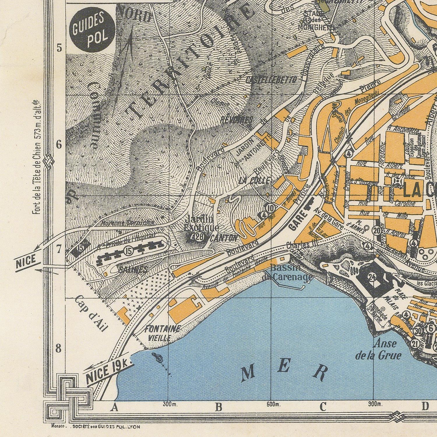 Vintage-style map print showing a coastal region with labeled streets, landmarks, and a large blue sea area. The map uses black linework and text with orange highlighted areas, and the frame is filled by the printed map rather than a separate product placed in a scene.