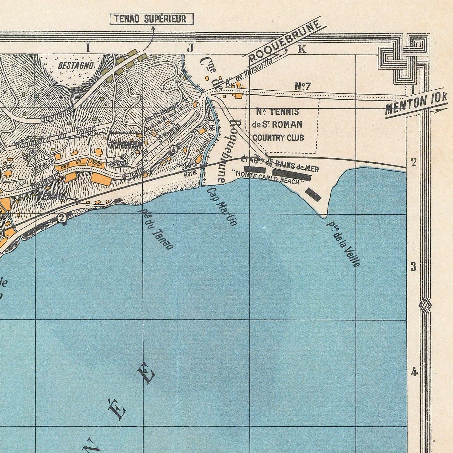 Vintage-style map print showing a coastal region with labeled places such as Tenao Supérieur, Rookebrune, Menton 10k, and a blue sea area, with fine black linework and text on an off-white background.