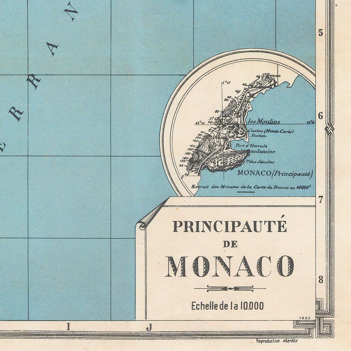 Vintage map print of Monaco with a cream-colored title block reading 'PRINCIPAUTÉ DE MONACO' and a light blue map background.