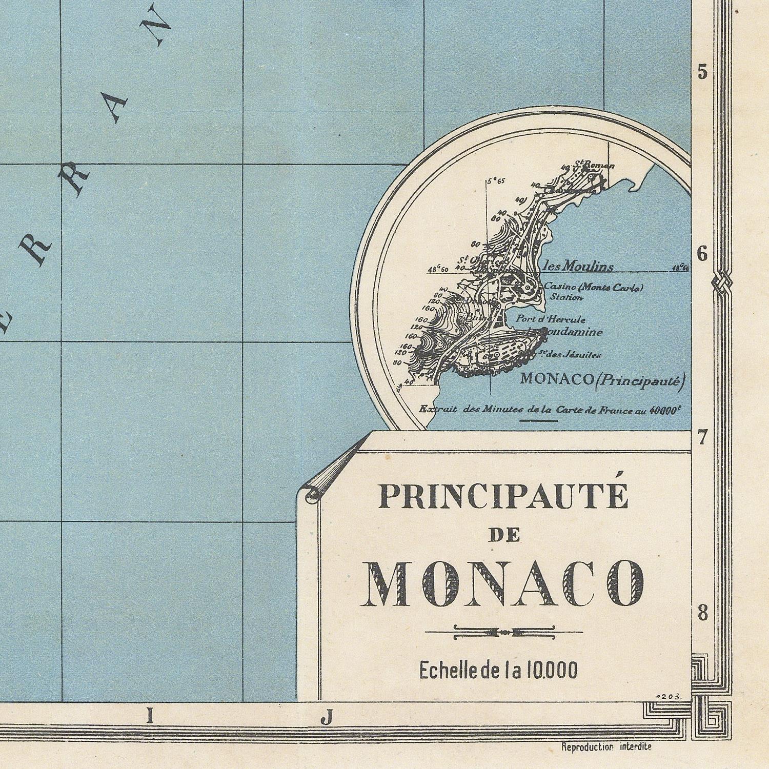 Vintage map print of Monaco with a cream-colored title block reading 'PRINCIPAUTÉ DE MONACO' and a light blue map background.