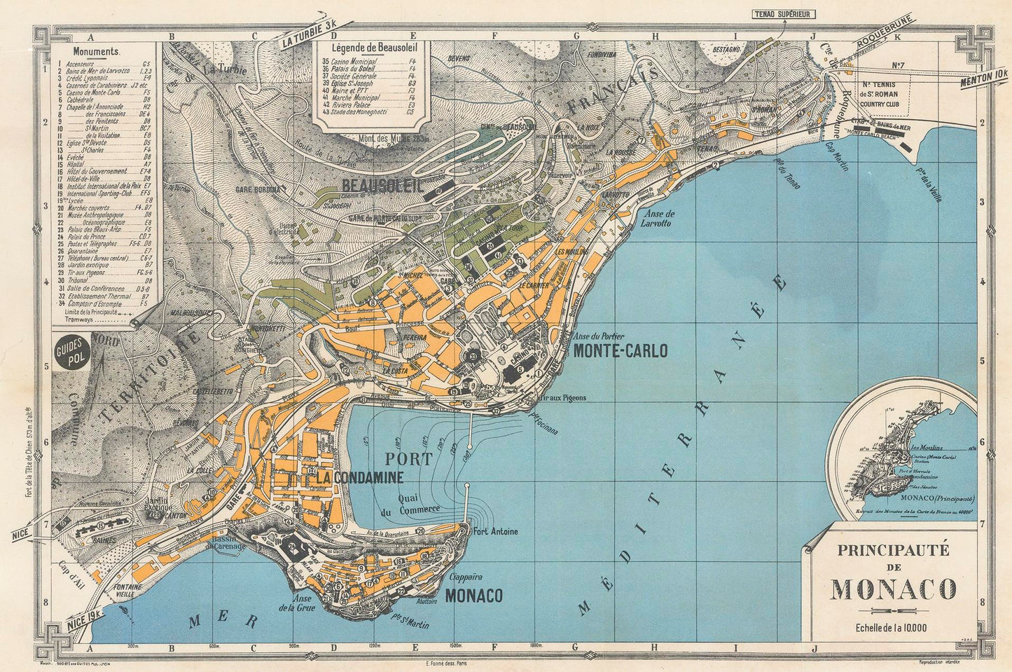 An antique-style map of Monaco and the Principality of Monaco, showing the coastal city layout, streets, and surrounding blue sea, with French text and a title box reading 'PRINCIPAUTÉ DE MONACO'.