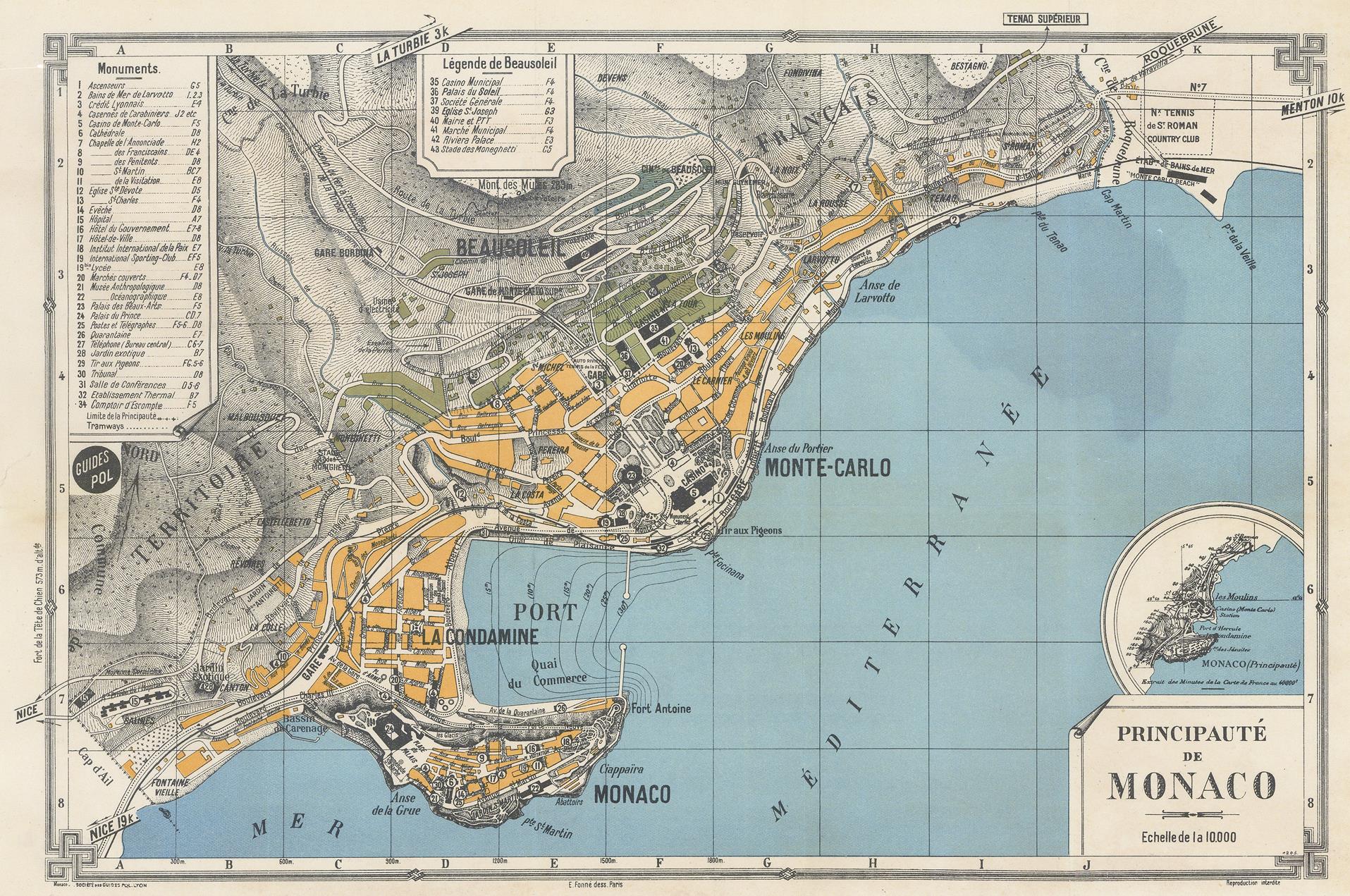 An antique-style map of Monaco and the Principality of Monaco, showing the coastal city layout, streets, and surrounding blue sea, with French text and a title box reading 'PRINCIPAUTÉ DE MONACO'.