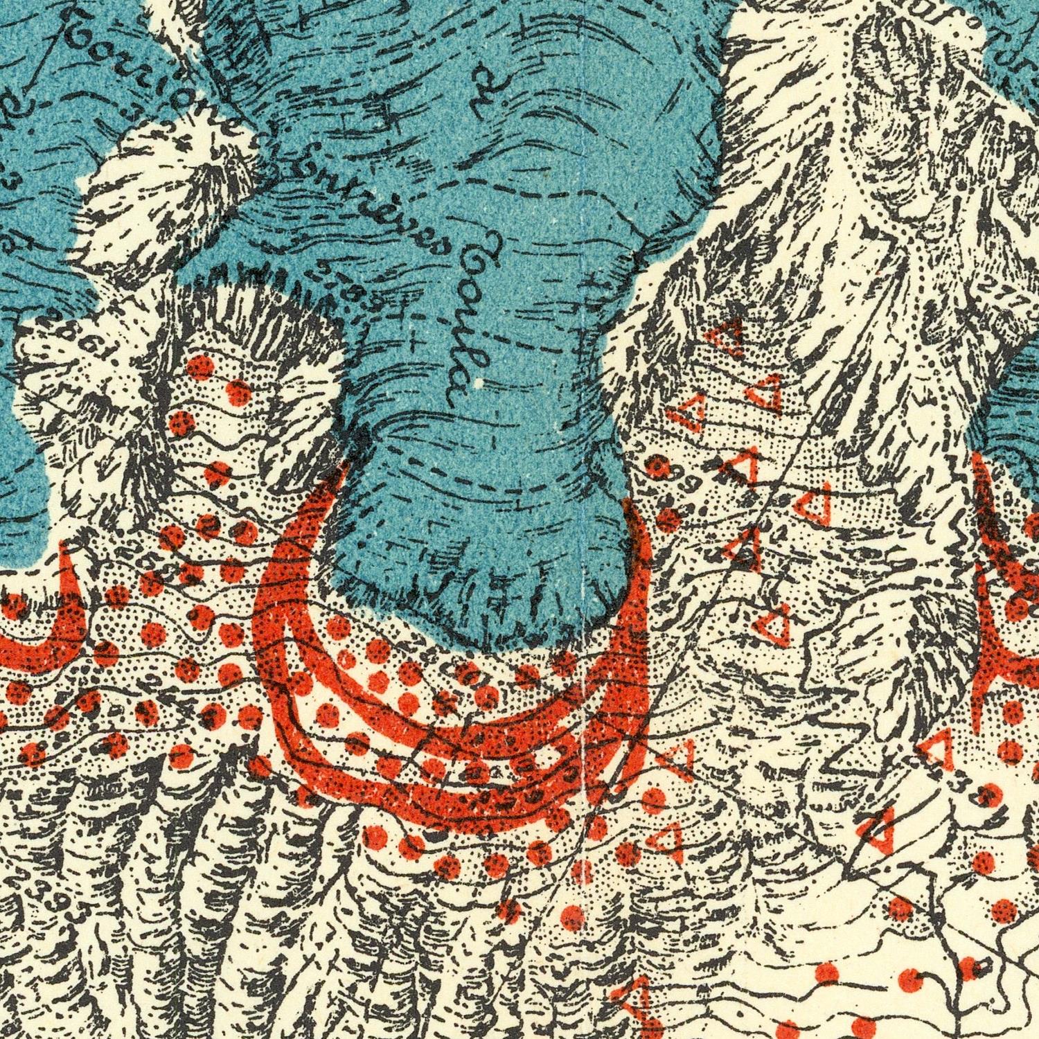 Close-up of a patterned textile or print featuring a blue central area, cream textured forms, black linework, and red dotted and striped accents.