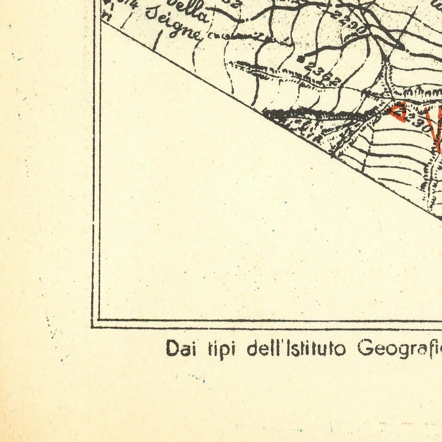 A close-up of a vintage map page with black printed topographic lines, handwritten text, and a small red mark, with the caption 'Dai tipi dell'Istituto Geografico' at the bottom.
