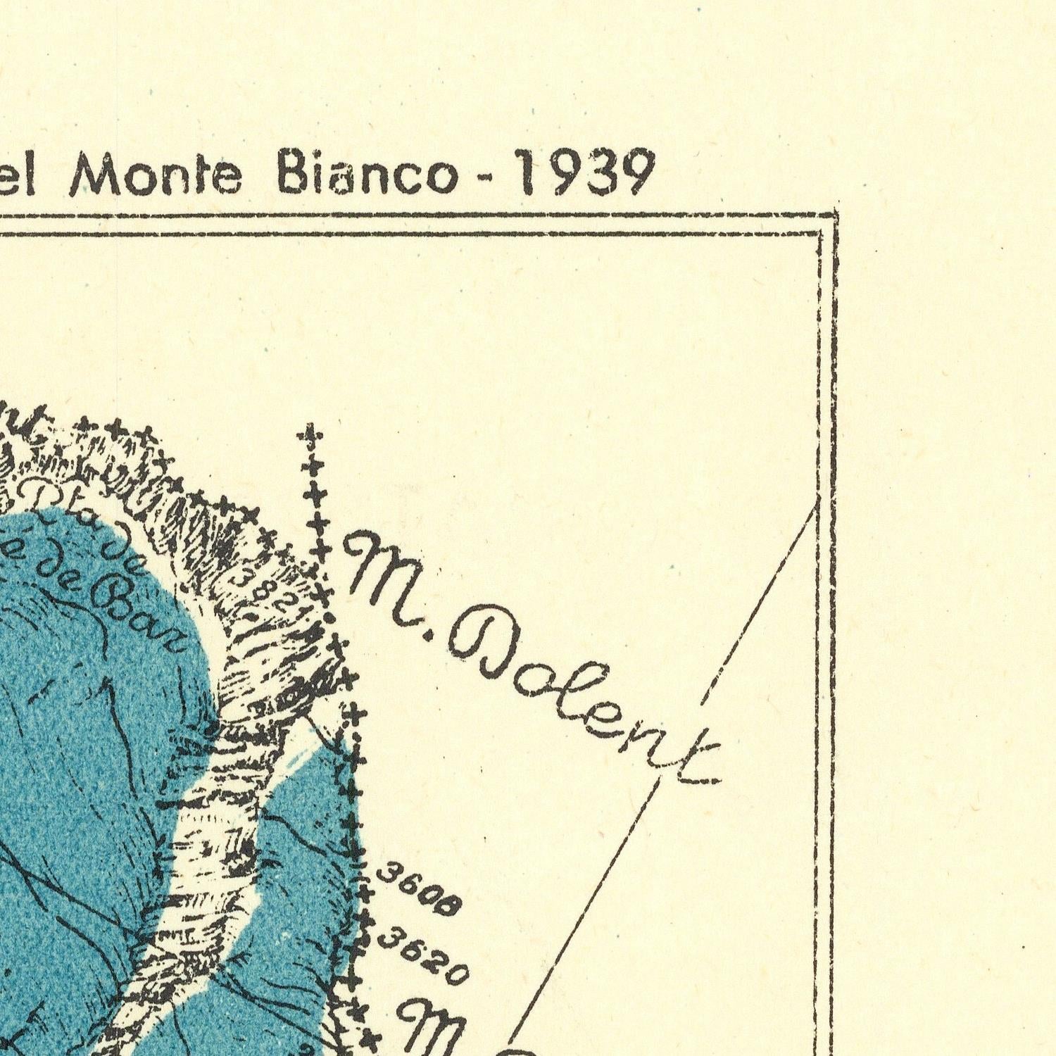 A close-up of a vintage map print showing part of a coastline labeled 'M. Dolent' and 'el Monte Bianco - 1939', with blue water, white surf, and cream paper background.