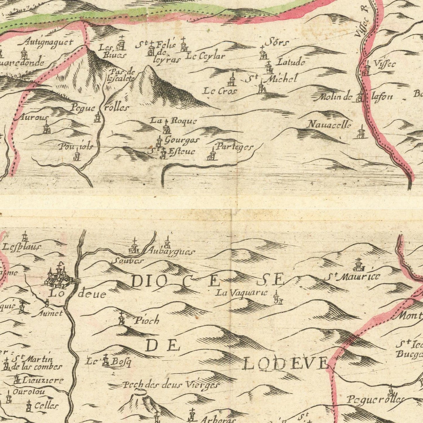 A close-up of an antique-style map print showing labeled terrain, mountains, rivers, and place names in French, with a warm aged-paper background and fine black linework.