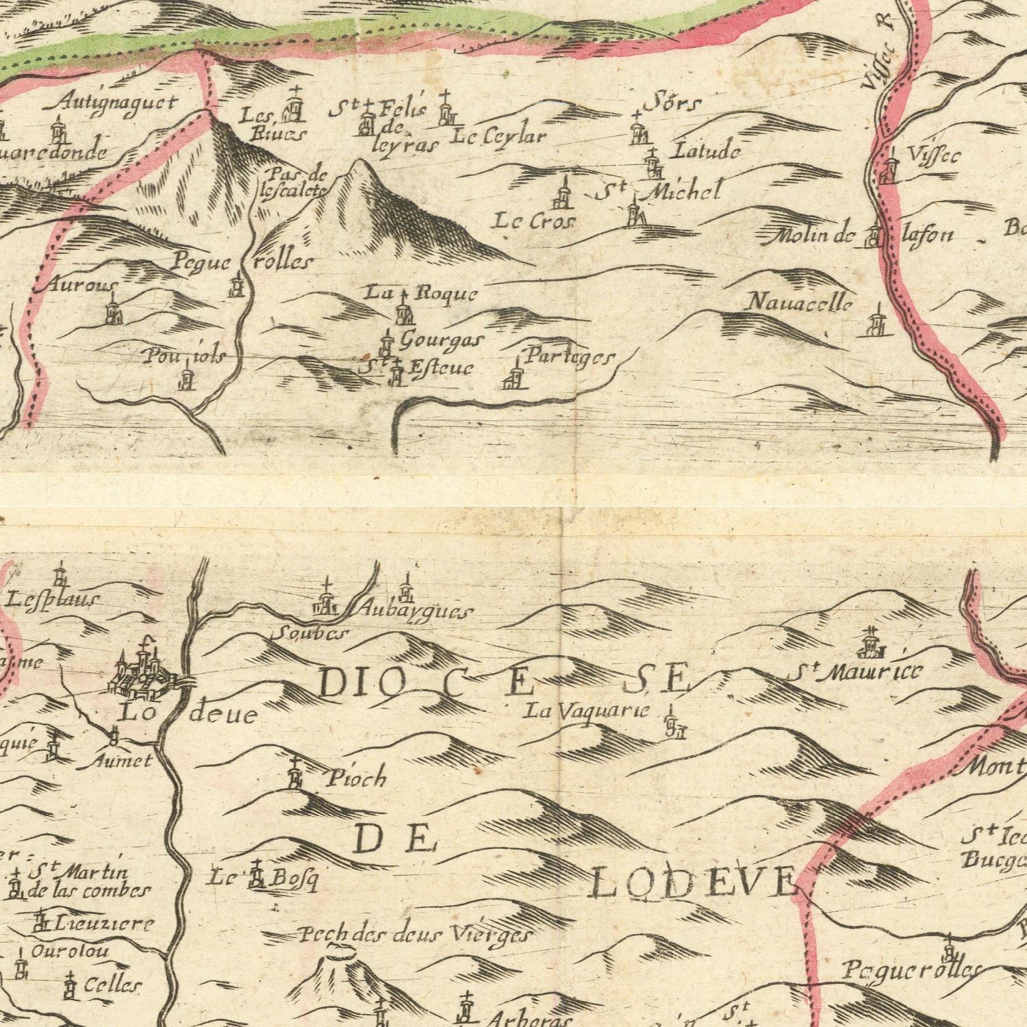 A close-up of an antique-style map print showing labeled terrain, mountains, rivers, and place names in French, with a warm aged-paper background and fine black linework.