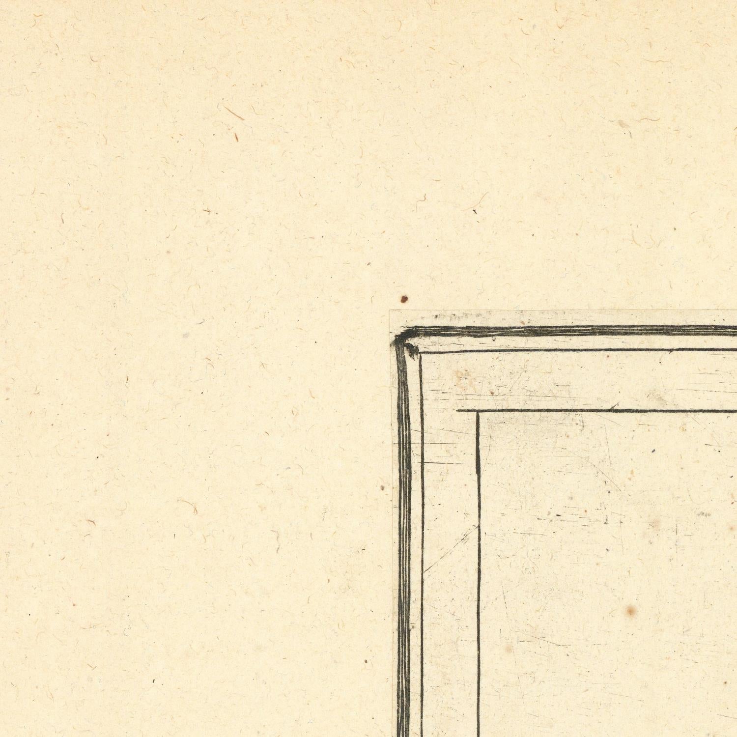 Close-up detail of a beige paper surface with a thin black hand-drawn rectangular outline in the lower-right corner.