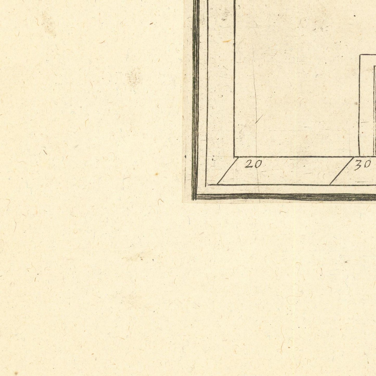 Close-up detail of a vintage architectural drawing or map print on aged beige paper, showing a corner of a framed section with black hand-drawn lines and small numbers '20' and '30' near the bottom.