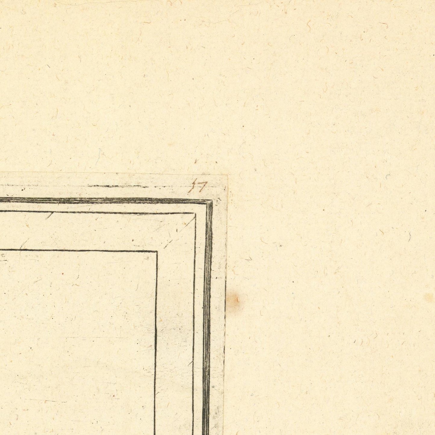 Close-up detail of a square art print or paper panel corner, showing a thin dark border on warm cream paper with a small handwritten number '17' near the top edge.