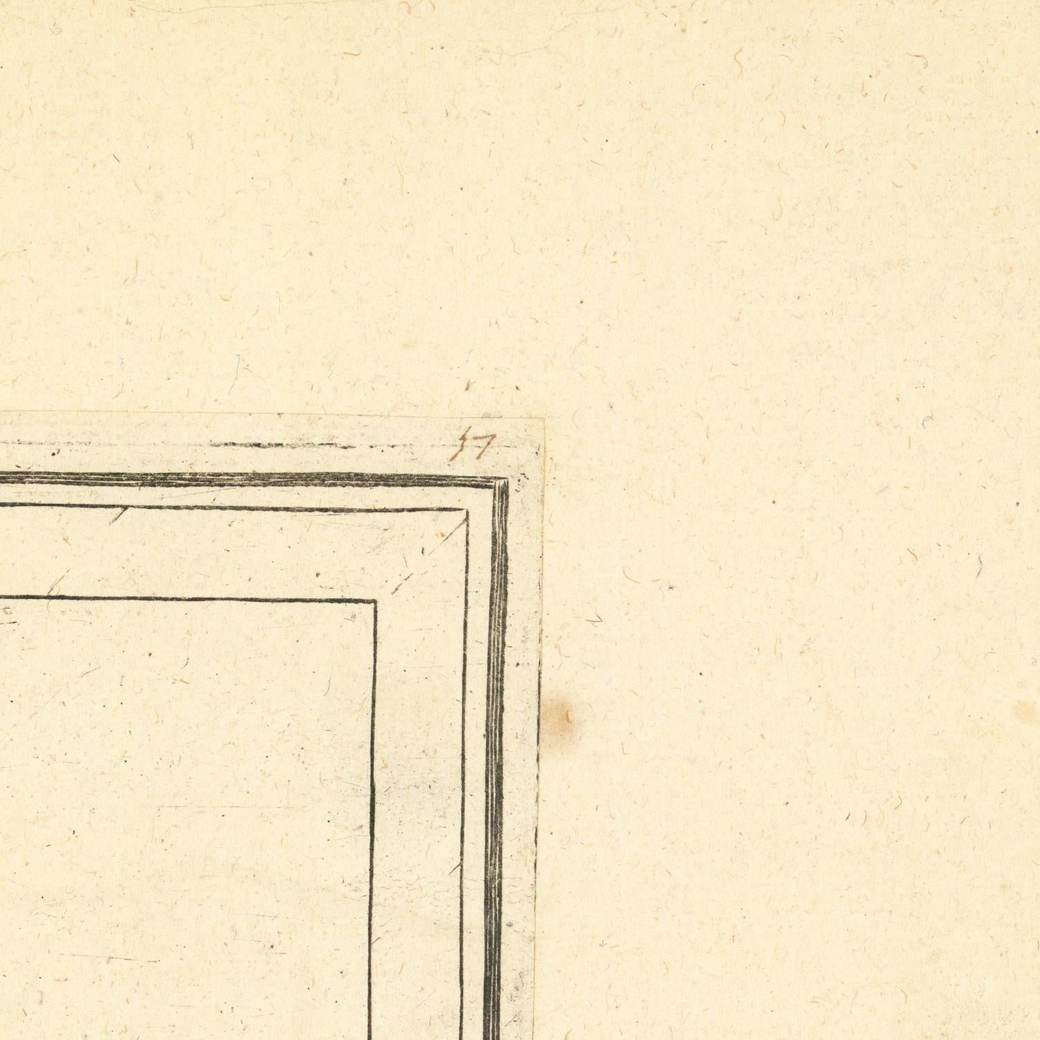 Close-up detail of a square art print or paper panel corner, showing a thin dark border on warm cream paper with a small handwritten number '17' near the top edge.