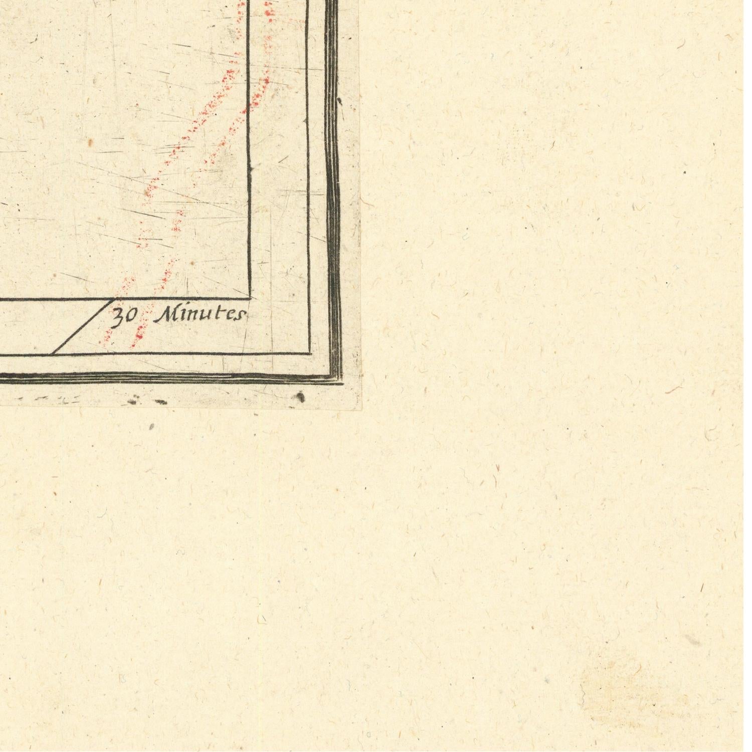 Close-up detail of a vintage map print on aged beige paper, showing part of a black-lined border, faint red markings, and the text '30 Minutes'.