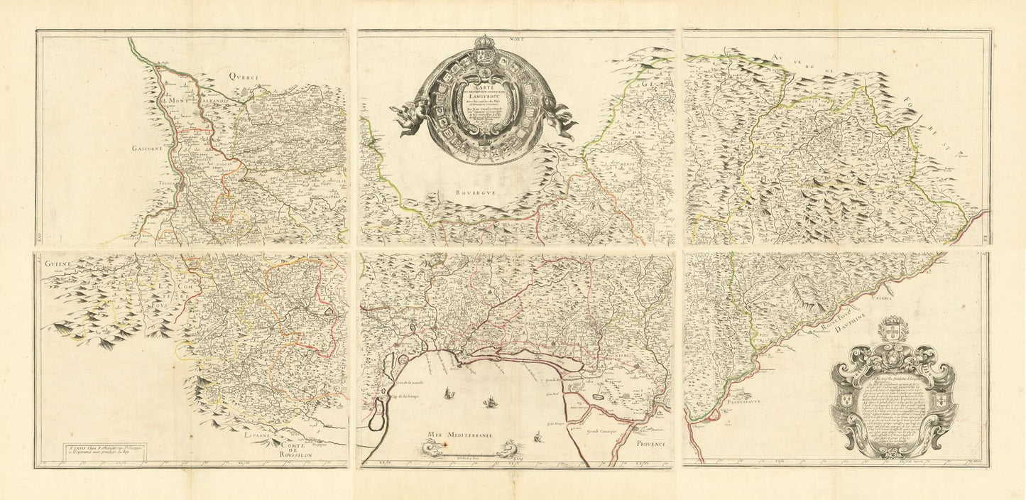 An antique six-panel map print of a coastal region, featuring detailed geographical illustrations, decorative cartouches, and fine linework on an aged beige paper background.