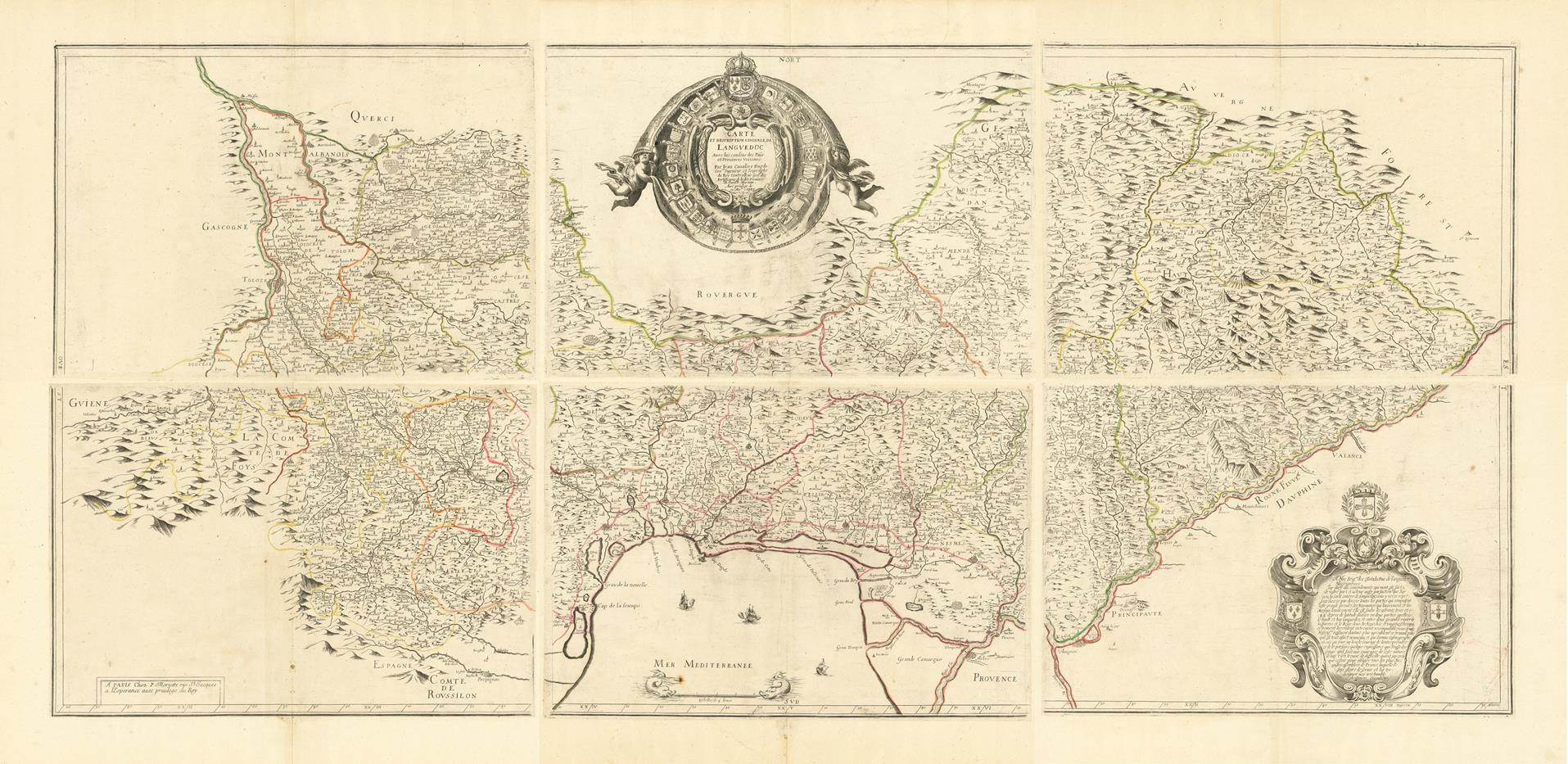 An antique six-panel map print of a coastal region, featuring detailed geographical illustrations, decorative cartouches, and fine linework on an aged beige paper background.