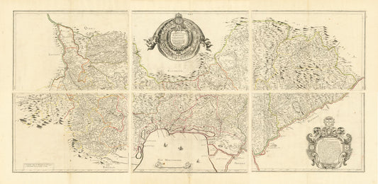An antique six-panel map print of a coastal region, featuring detailed geographical illustrations, decorative cartouches, and fine linework on an aged beige paper background.