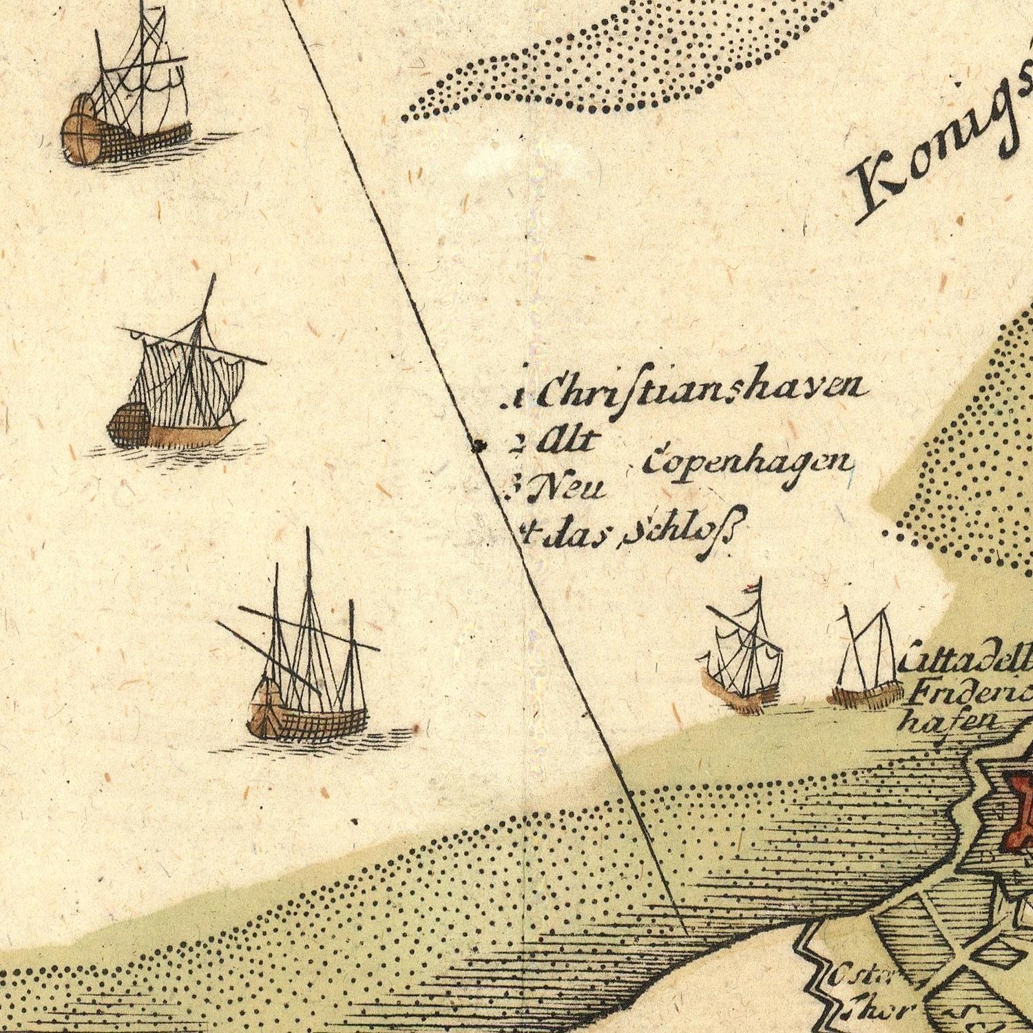 A close-up of a vintage nautical map print showing several old sailing ships on a beige paper background, with handwritten German text and part of a labeled coastline.