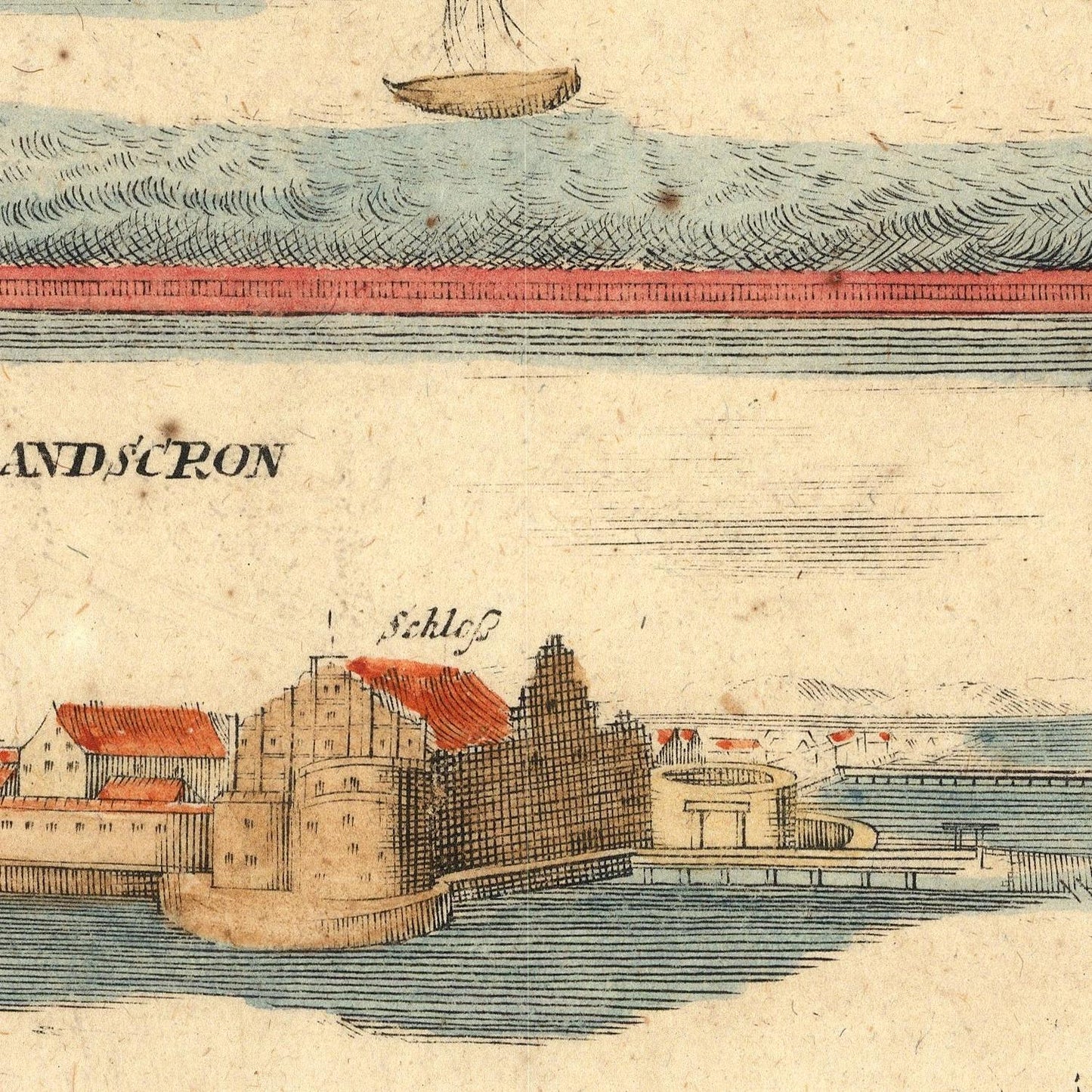 Vintage map or print showing a coastal town with a fortress, water, a small boat, and the text 'LANDSTERN' and 'Schloüss'.