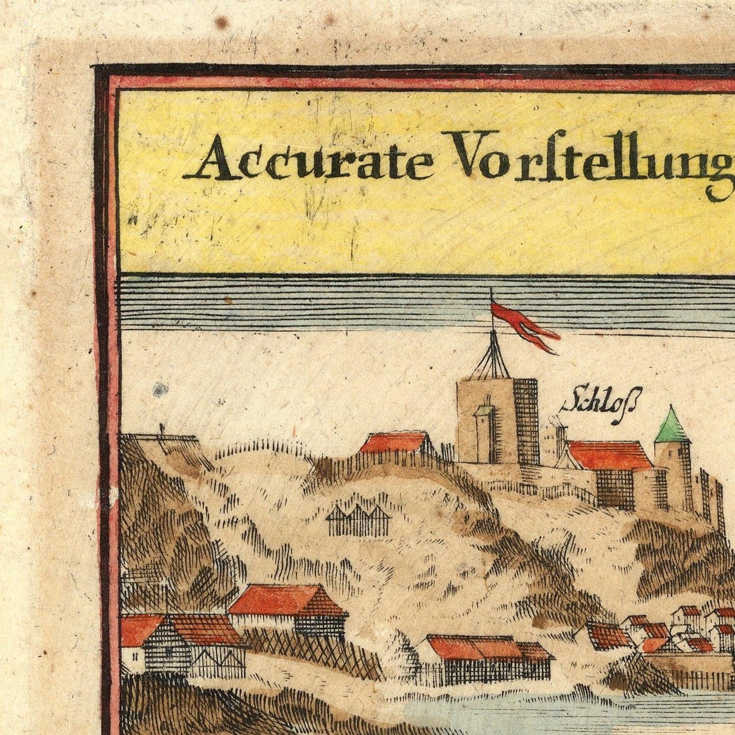 A close-up of a vintage printed illustration with German text at the top, showing a hillside town scene with buildings, a castle-like tower, and a red flag. The print has an aged beige background with brown linework and muted yellow, red, and green accents.