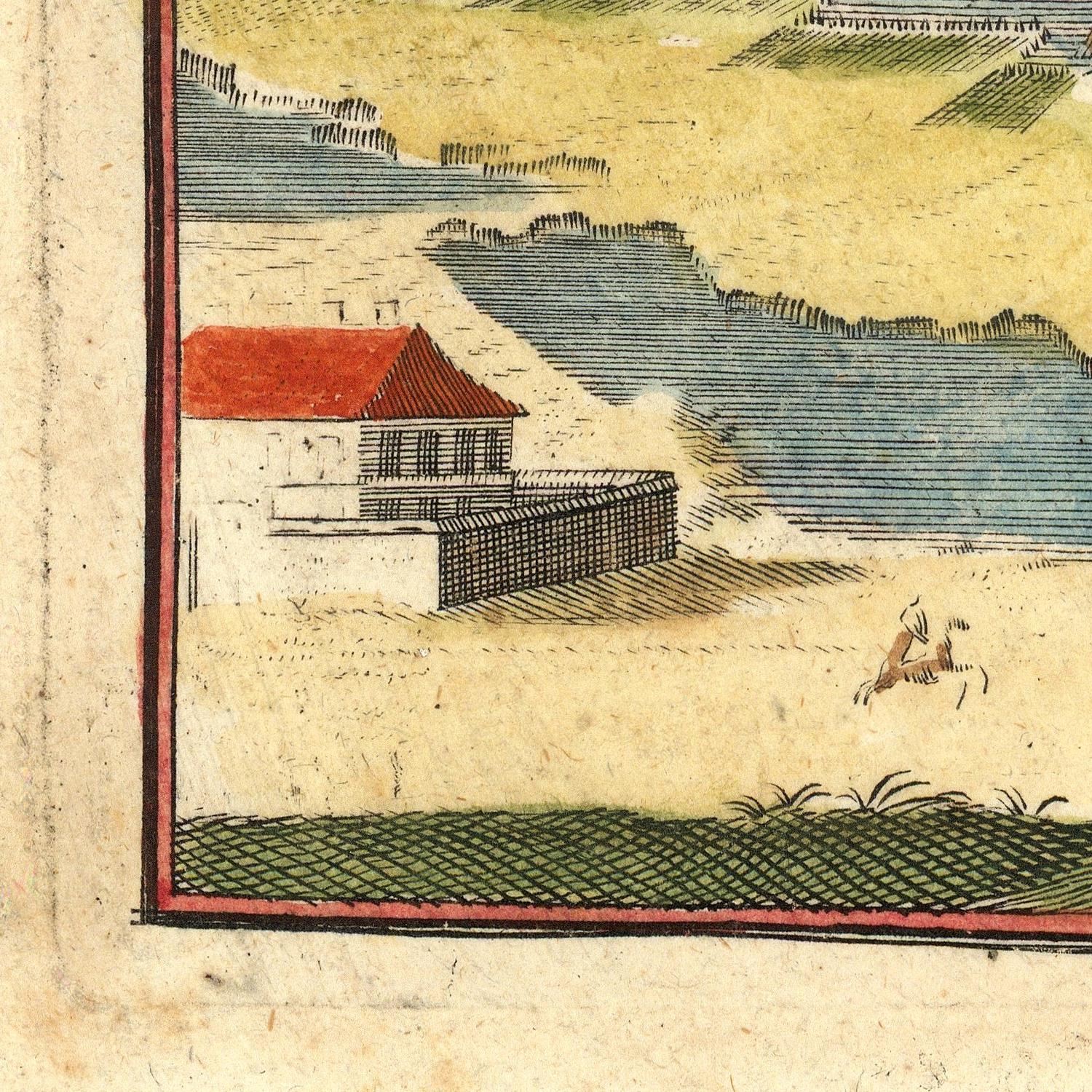 A close-up of a vintage woodblock-style print showing a landscape with a house, water, and a small rider on horseback, bordered by aged paper margins.