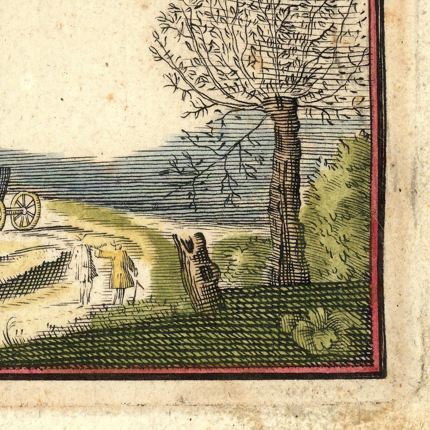 A close-up of an antique-style woodcut or engraving showing a landscape scene with a large tree, grassy ground, two small figures, and part of a cart on the left, printed on aged beige paper with a red border.