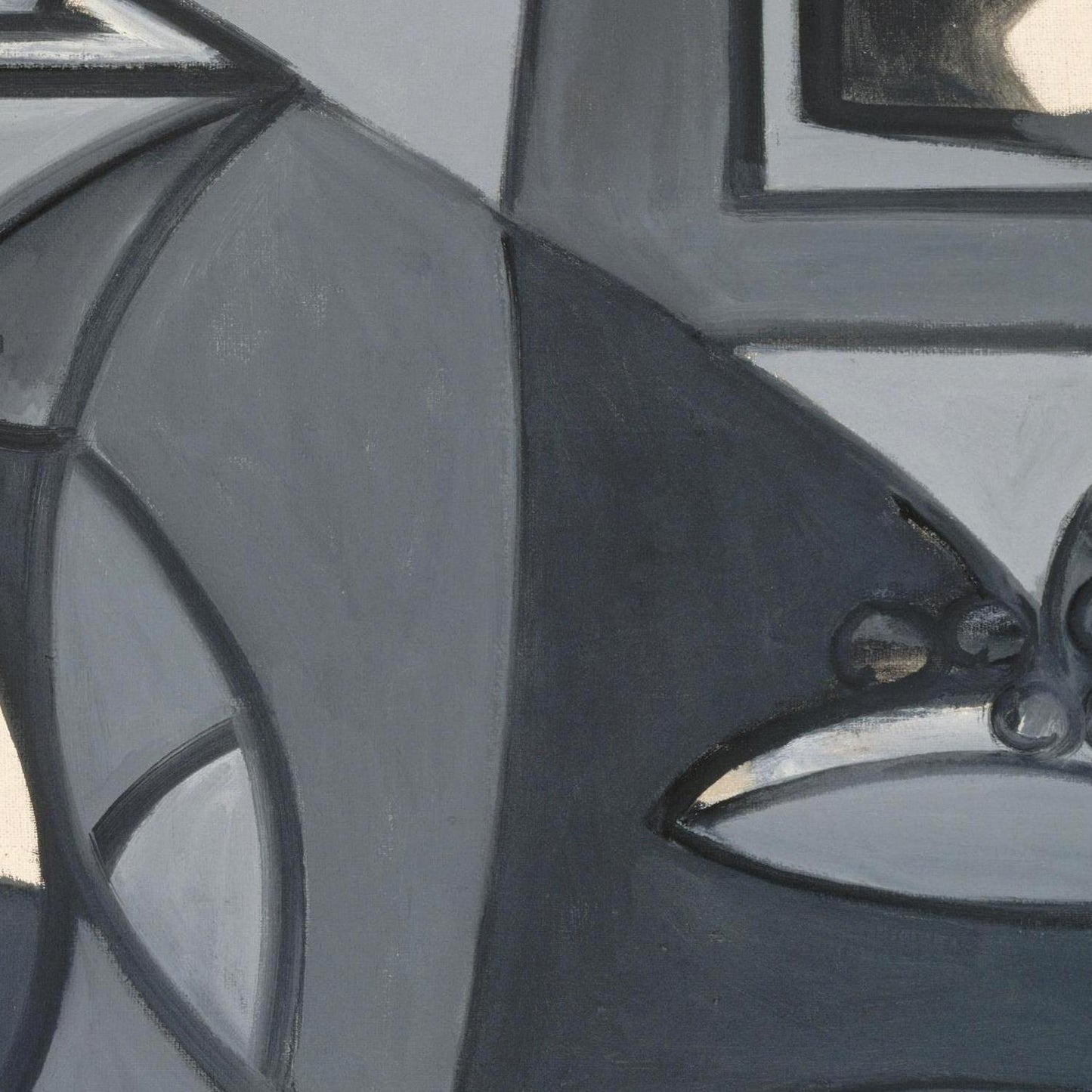 Abstract close-up artwork with layered gray, charcoal, white, and black geometric shapes and curved forms outlined in dark strokes.