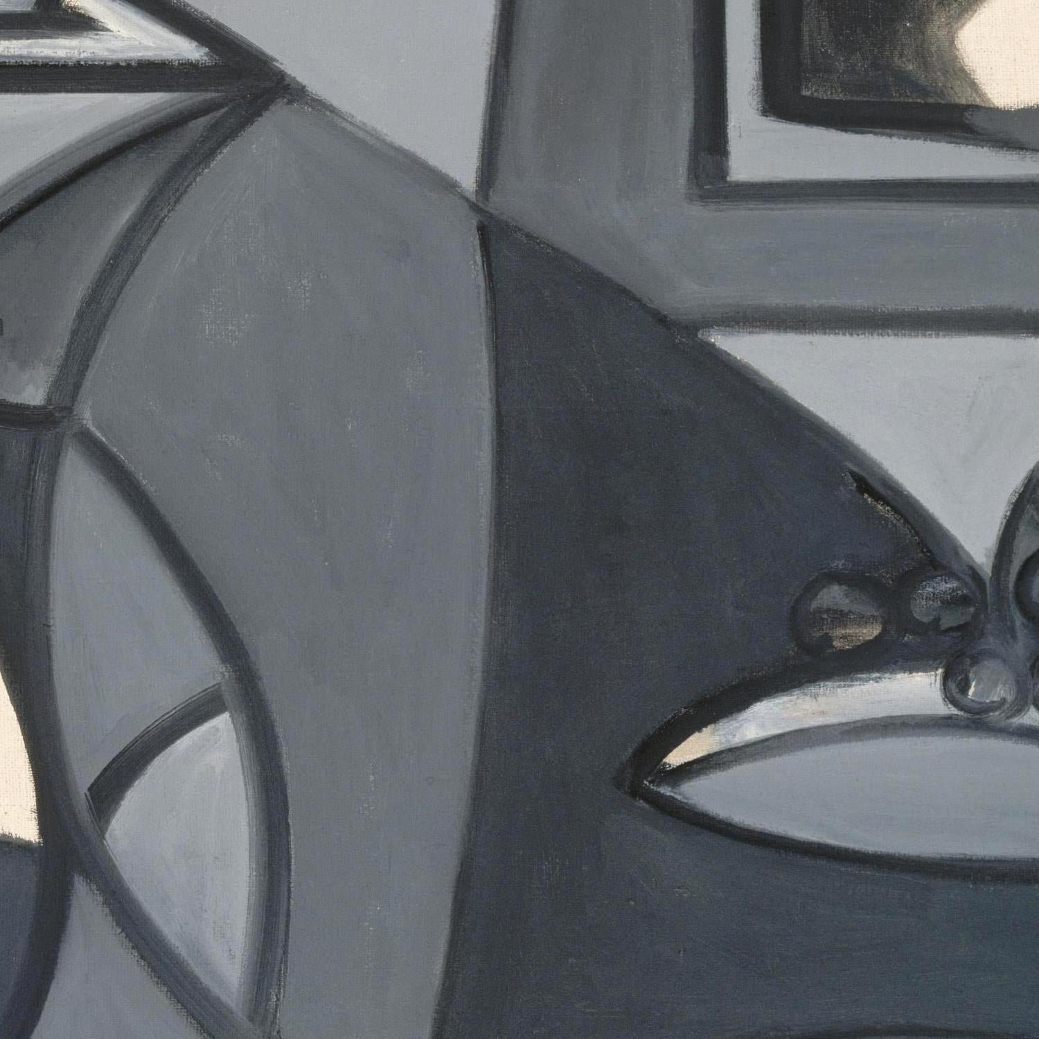 Abstract close-up artwork with layered gray, charcoal, white, and black geometric shapes and curved forms outlined in dark strokes.