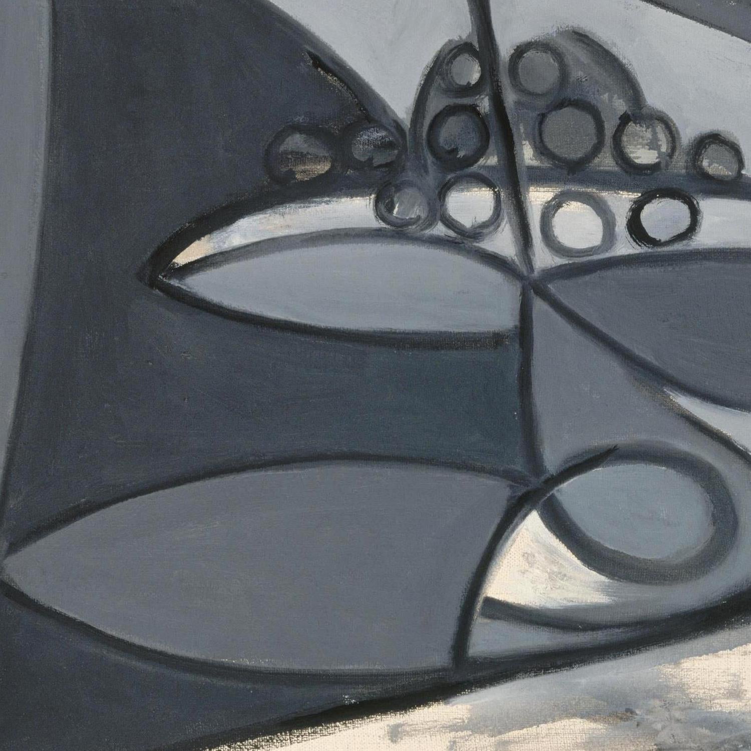 Abstract painting featuring organic shapes and circular motifs in shades of gray, charcoal, and off-white.