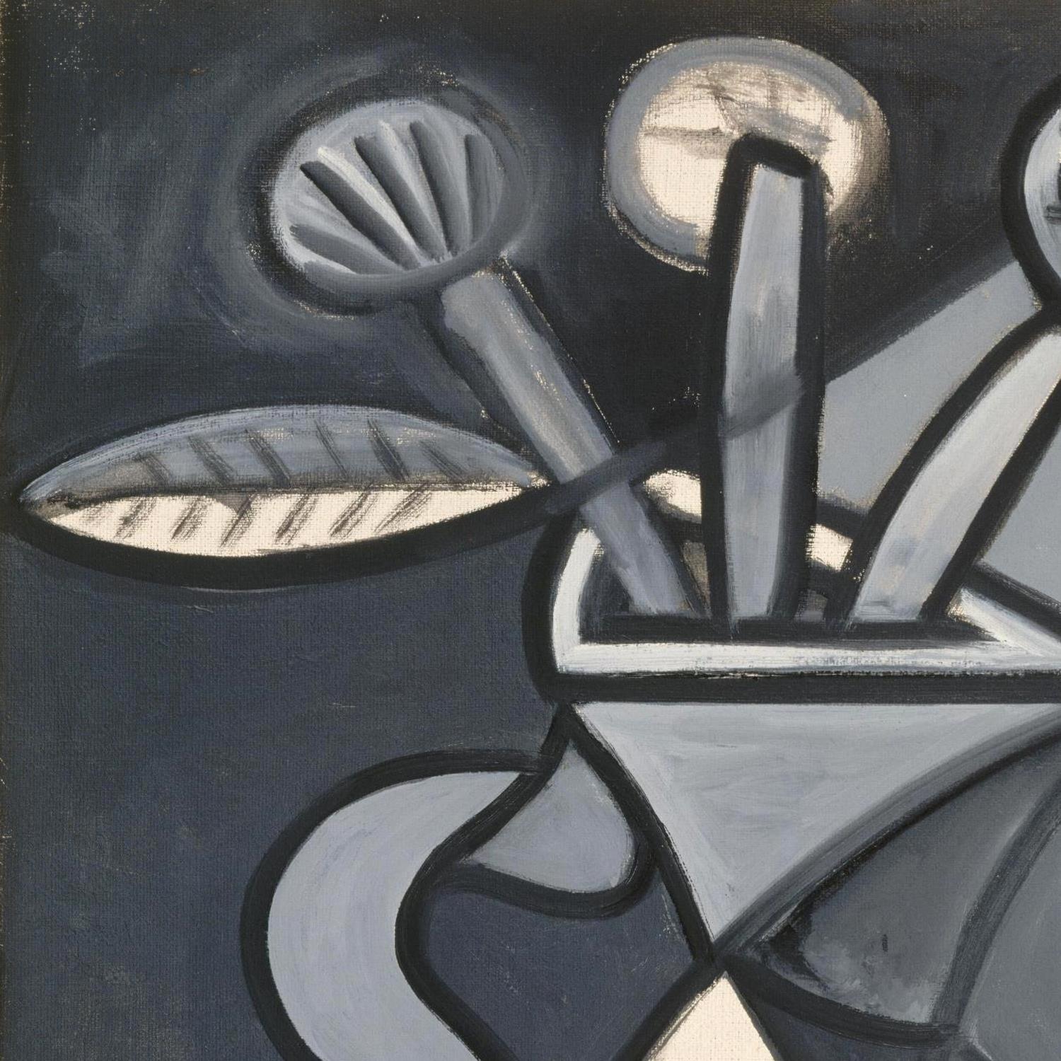 An abstract cubist-style painting depicting a seated figure in gray and white tones with a fan-shaped object and a circular form against a dark blue-gray background.