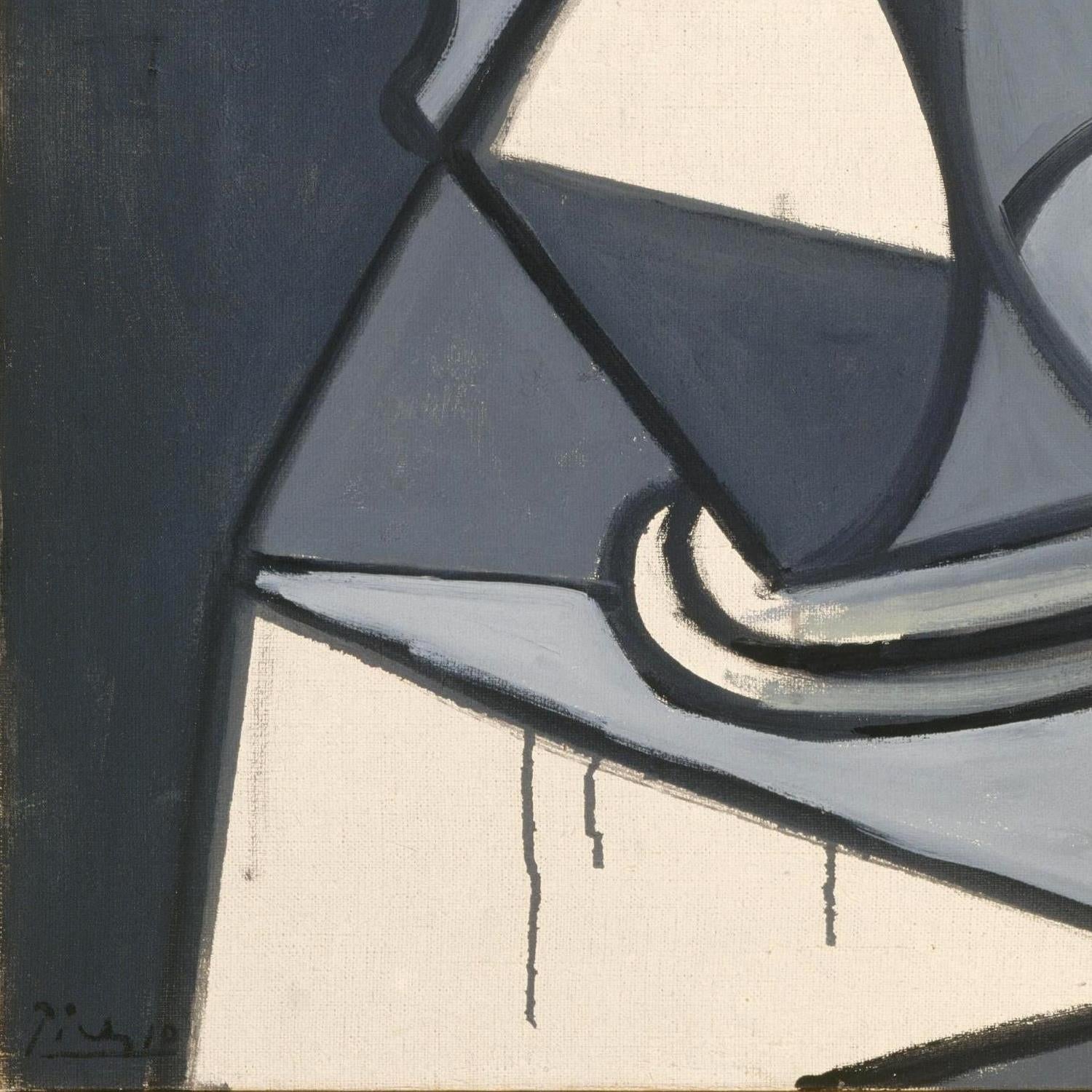 An abstract geometric painting featuring bold shapes in dark slate blue, light gray, and off-white, outlined with thick black strokes.