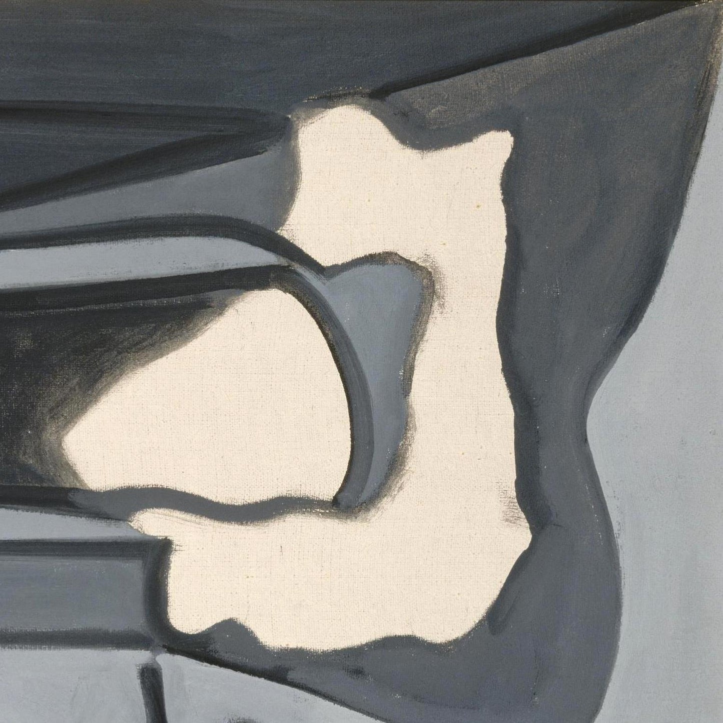 Abstract painting with organic shapes in dark charcoal gray, slate blue-gray, and off-white on a square canvas.