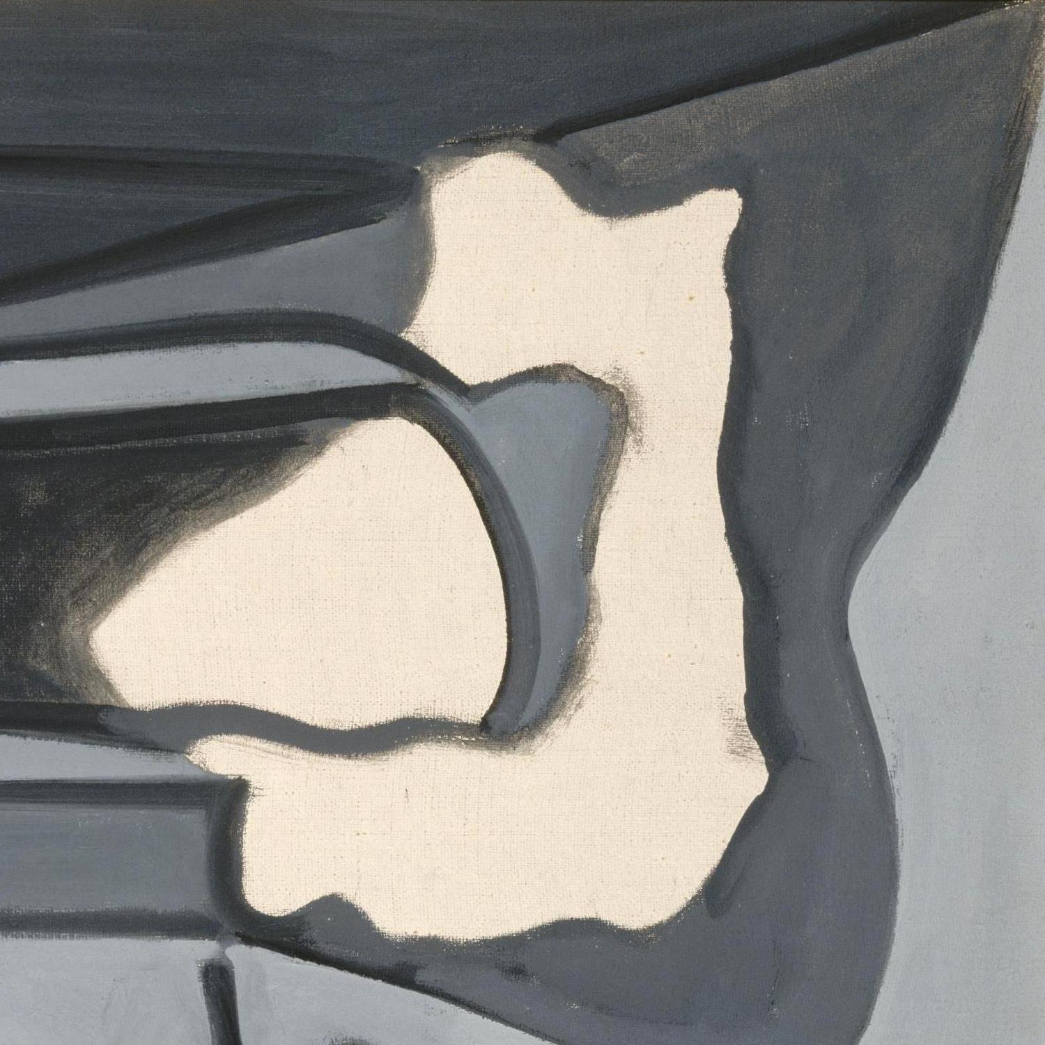 Abstract painting with organic shapes in dark charcoal gray, slate blue-gray, and off-white on a square canvas.